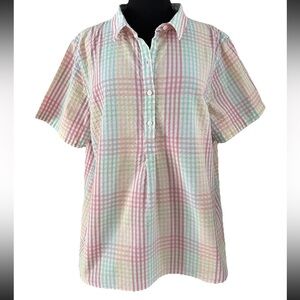 LL Bean Vacationland Seersucker Shirt Short-Sleeve Popover Plaid Size 1X